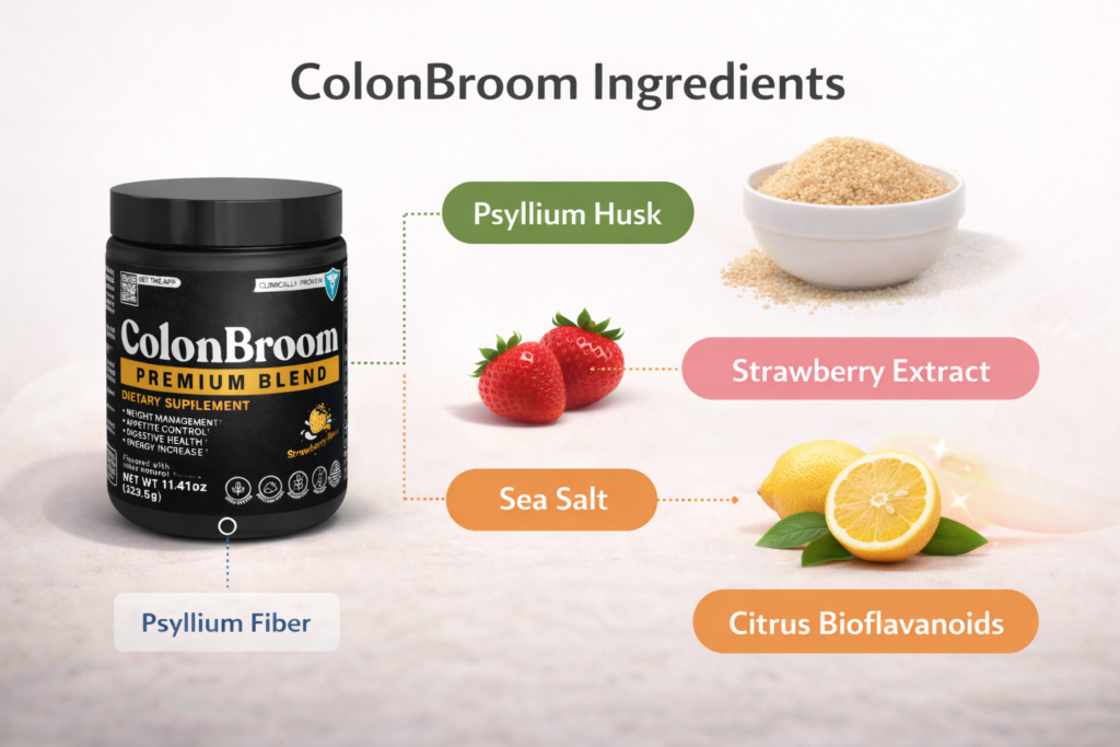 ColonBroom ingredients infographic showing psyllium husk fiber, strawberry extract, sea salt, and citrus bioflavonoids 
